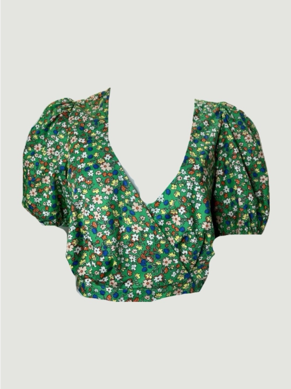 Lush Green Floral Puff-Sleeve Wrap Crop Top